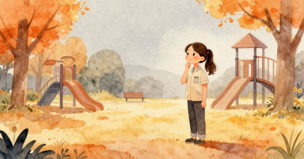 Tara站在公園中寧靜的早晨望著等待花朵的空地,心中滿懷期待與寧靜,背景有遊樂場輪廓。