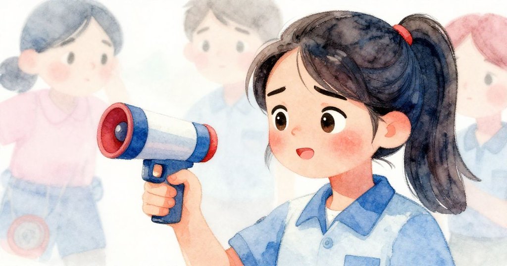 Tara近距離練習發射器時臉上顯露出決心與細膩情緒,背景柔化呈現寧靜花園細節。