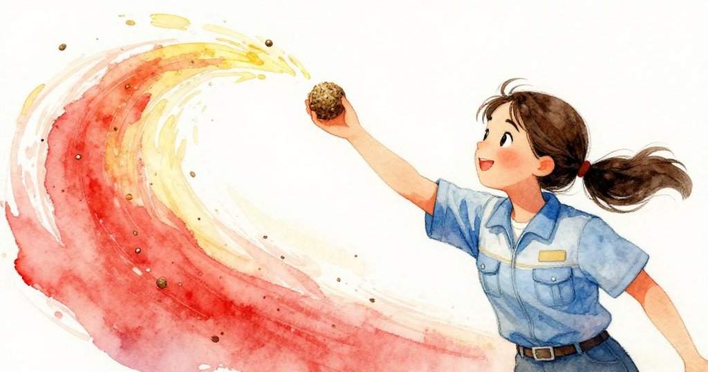 Tara用傾斜視角發射種子球,風輕拂過臉龐,種子在空中飛舞,畫面動感十足。