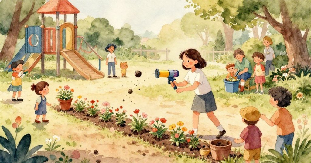 裸露的土地中散佈著水坑與種子球殘留,展現隱秘角落的濕潤細節,預示著未來花園的希望。