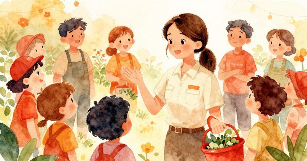 園丁們圍繞著Tara慶祝成功播種,大家露出喜悅笑容,洋溢著團隊合作與快樂氛圍。