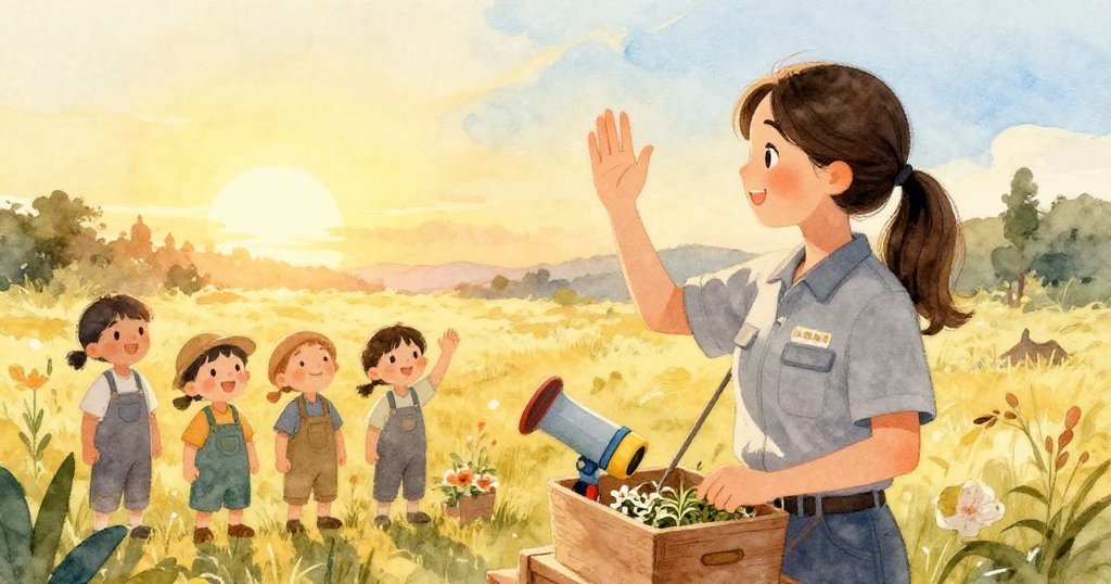 夕陽下,Tara收拾發射器向園丁揮手告別,場景溫馨而滿足,畫面表達結束一天播種冒險的情懷。