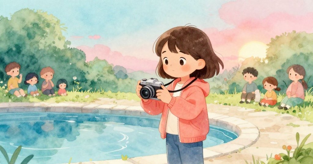 米婭站在泳池邊,舉著相機注視人群與藍水,神情平靜充滿期待,環境柔和溫暖且寧靜。