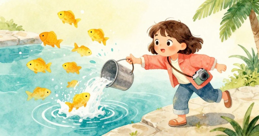 米婭在石邊急步上前,手抓住滿盛魚的水桶,石階與泳池背景清晰,情緒突顯緊張與意外。