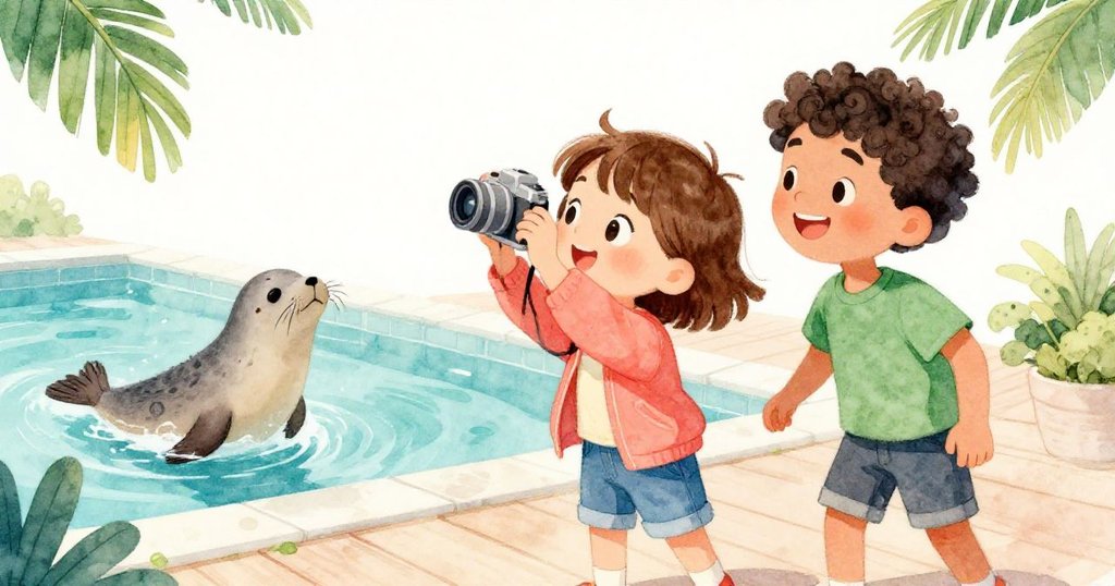 班舉起米婭相機捕捉海豹定格瞬間,兩人互動融洽心情愉悅,鏡頭中海豹神態專注溫馨動人。