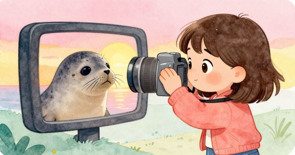 米婭擦拭相機鏡頭後,凝視屏幕中完美海豹肖像,水滴殘留映襯夕陽餘暉,象徵冒險圓滿落幕心滿意足。