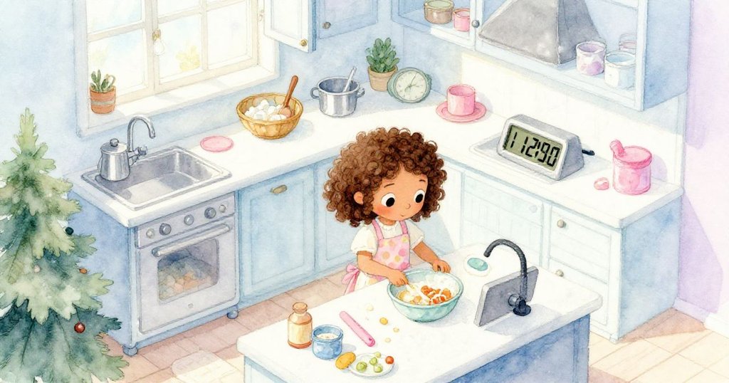 Mia在明亮的小廚房裡整理食材和工具，從上方視角展示溫暖晨光與數字時鐘，開始一天的烘焙冒險。