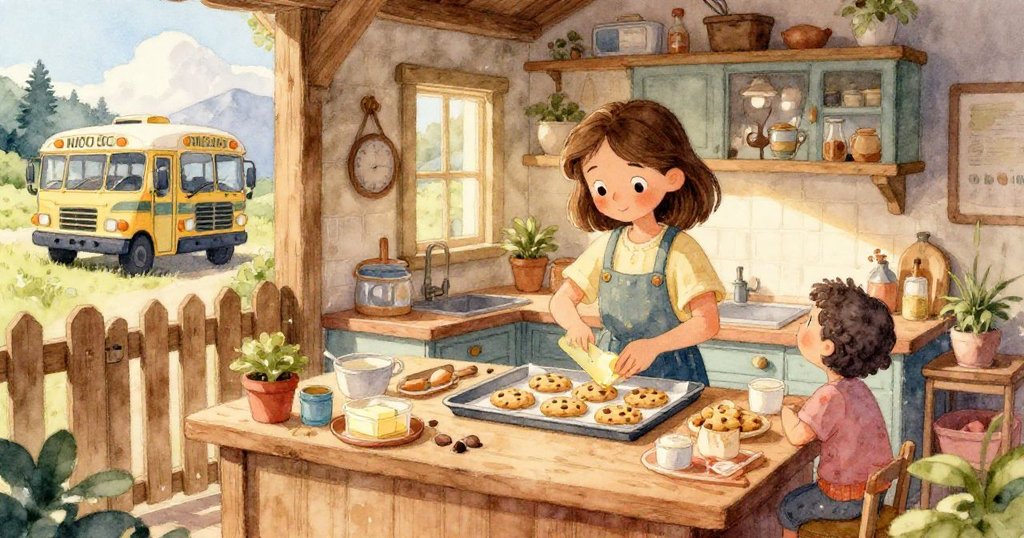 Mia專注地用雙手量取奶油並打蛋，近距離展示櫥台上精美的烘焙材料與溫柔的手部動作。