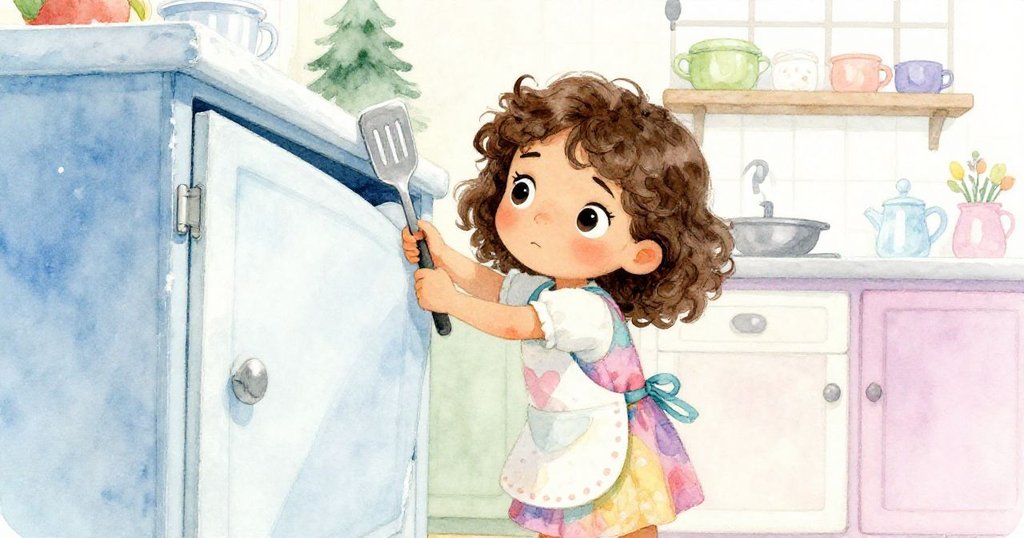 Mia正低角度堅毅地利用抹刀撬動緊閉的糖櫥櫃，臉上流露出挑戰困難的決心與專注神情。