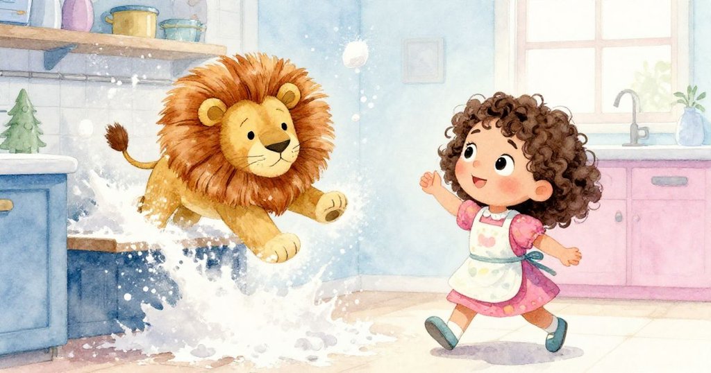 Mia驚訝地看著舊玩具獅子墜落，觸發一陣面粉雪崩，充滿戲劇張力與意外驚喜的廚房情景。