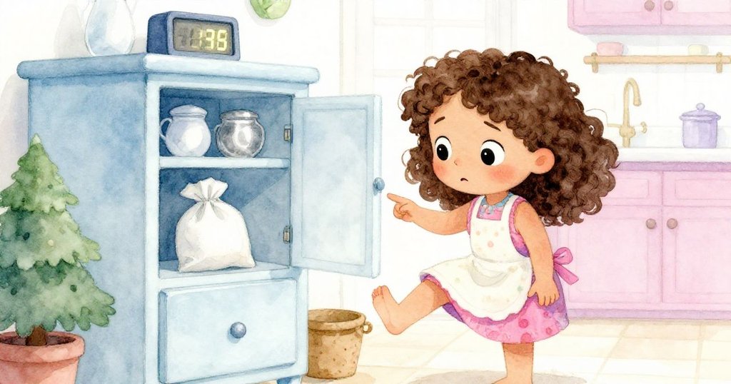 Mia焦急地敲著腳，目光追隨著打開的櫥櫃中透出的糖袋，數字時鐘閃爍增添緊張氛圍。