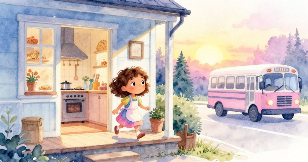 Mia滿足地微笑著走出家門，背著書包，金色夕陽映照著溫暖廚房中待冷卻的餅乾與外面等候的公車，書寫幸福結局。