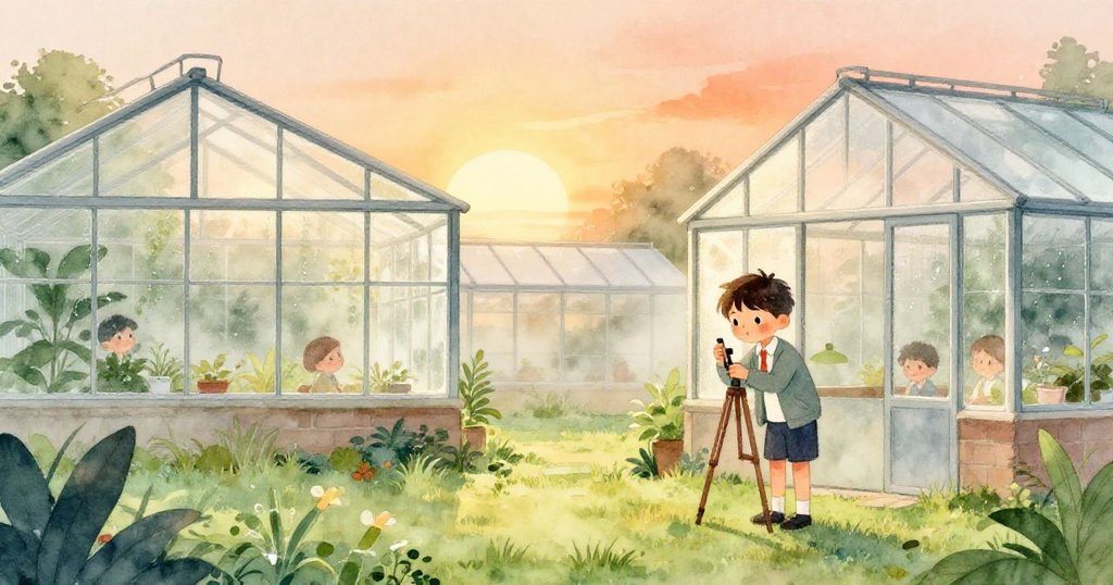 米洛在溫室內調整腳架,清晨薄霧與露珠陪襯,神情專注展現探索科學實驗的興奮與期待。