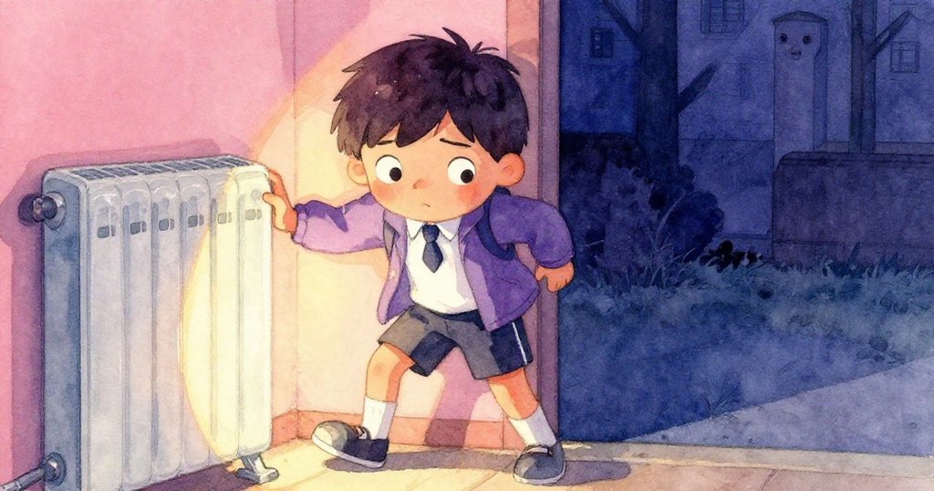 米洛悄悄爬過側通風口,暖黃暖氣與淡暗外景形成鮮明對比,表情堅定充滿冒險感。