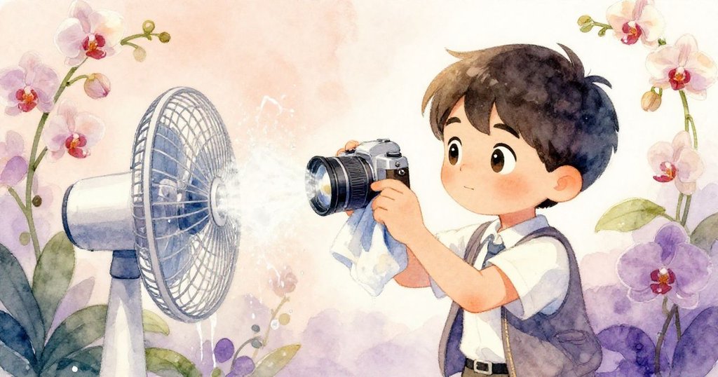 米洛迅速用布擦拭被風扇噴霧沾濕的鏡頭,前後層次分明背景中蘭花與藤蔓若隱若現,表情專注急切。