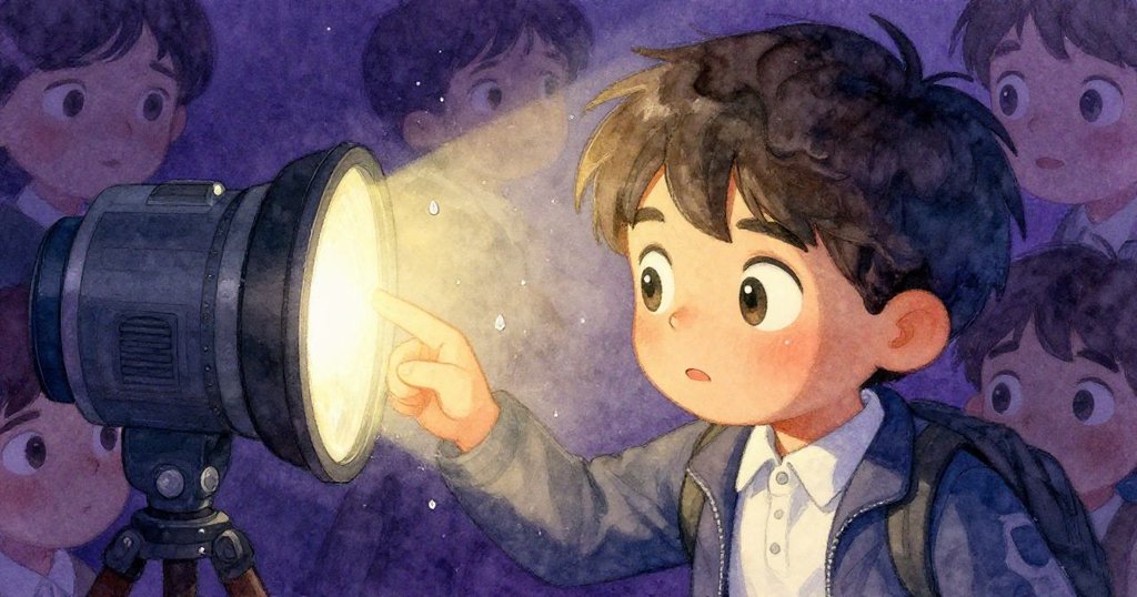 米洛蹲下按下手動開關,面部表情緊繃且專注,背景中滴水聲與微光交織營造出緊張懸疑氛圍。