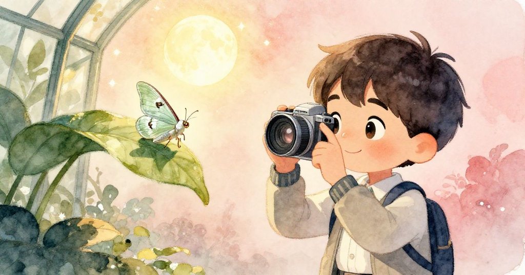 米洛在溫室中微笑按下快門,一隻銀綠月蛾輕落在葉尖上,溫暖月光與柔和燈光交織,營造奇妙結局。