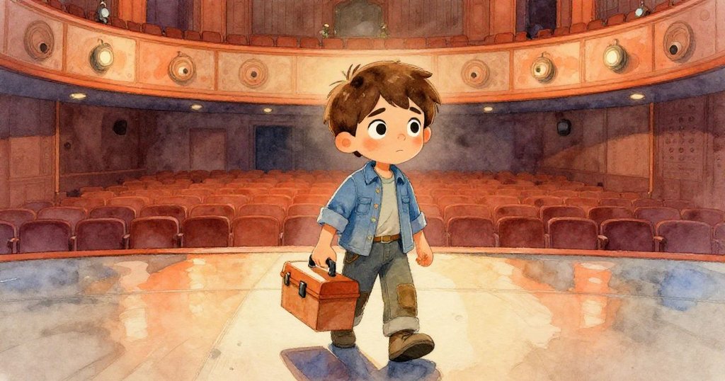 米洛急步走入安靜的禮堂，手持工具箱，光影交錯顯現出決心與期待的情緒，背景有舞台。