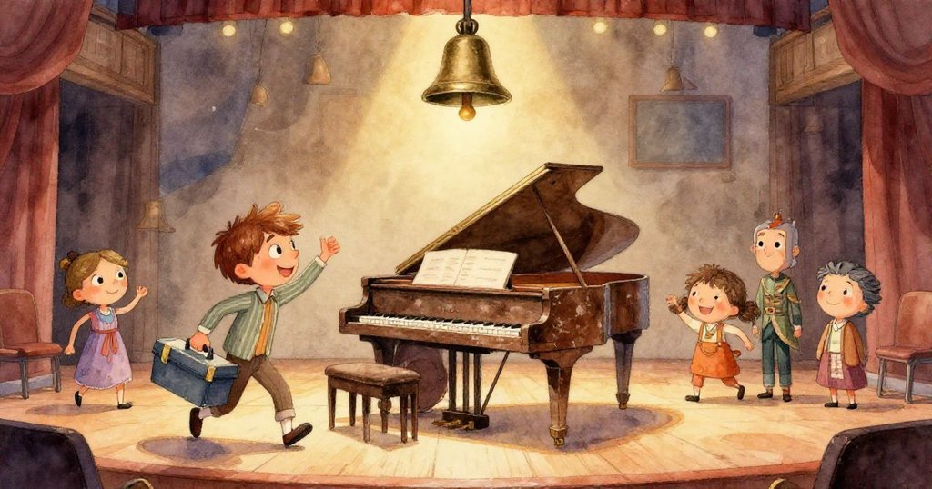 米洛沿著光亮的地板邁步前行，穿著牛仔鞋與持工具箱，地面反射出溫暖金黃與柔和粉紅色光芒。