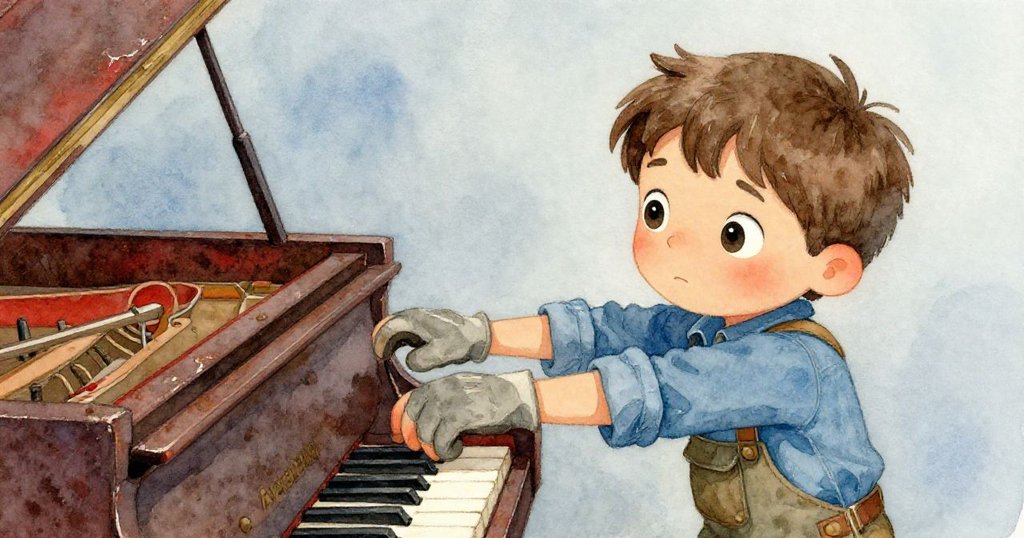 米洛跪在老舊鋼琴旁，戴著手套的手仔細檢查生鏽的琴蓋及其鉸鏈，展示出專注與細膩的情感。