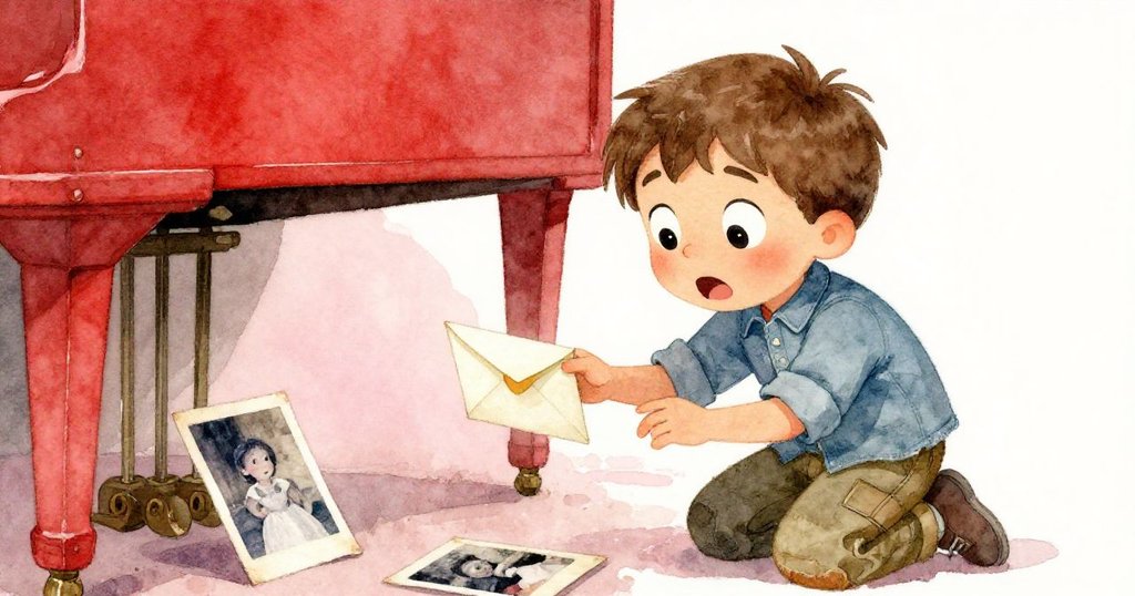 米洛驚訝地發現琴蓋下滑出一個小信封與老照片，眼神充滿驚奇，細節展示溫馨與神秘。