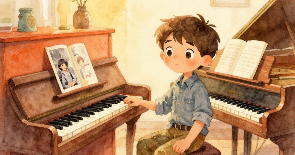 米洛坐在琴旁，溫暖燈光映照著充滿歷史感的舞台，手握老照片，臉上流露出懷舊與平靜的情緒。