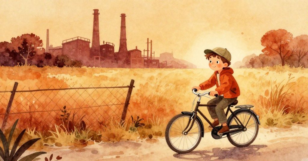 Milo騎自行車抵達晨曦中老舊工廠旁的柵欄前，河水映出溫暖光芒，臉上帶著期待與平靜的表情。