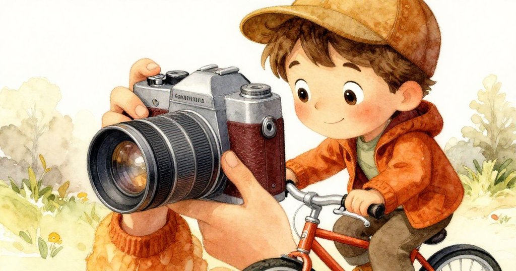 Milo專注地調整心愛的相機，手持細節清晰展現，晨光柔和映照出他捕捉珍稀鴨影的決心。