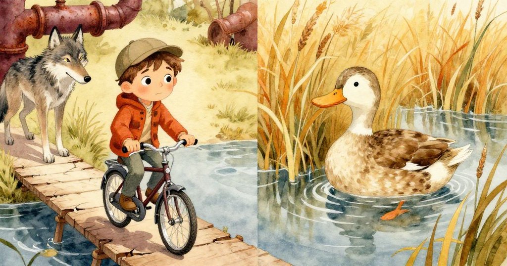 Milo小心踏上破碎橋樑，一旁狼輕嗅銹舊金屬管道，而斑點鴨在芦苇中靜臥，營造出緊張與寧靜交織的畫面。