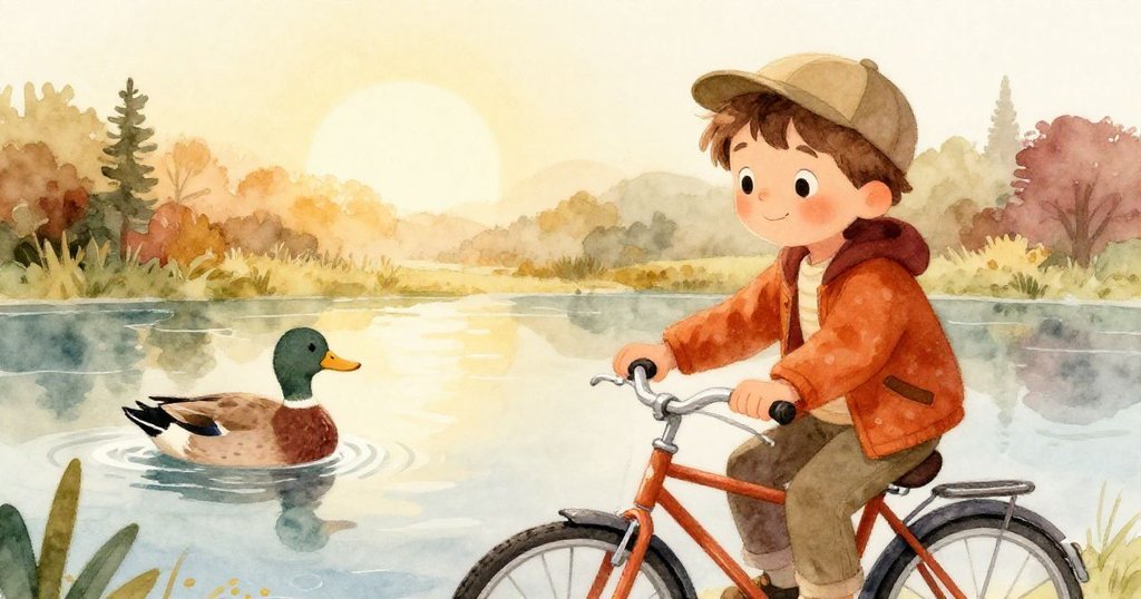 Milo靜心凝視平靜河面上漂移的稀有鴨，晨光逐漸明朗，帶來從緊張到安寧的溫柔過渡感。