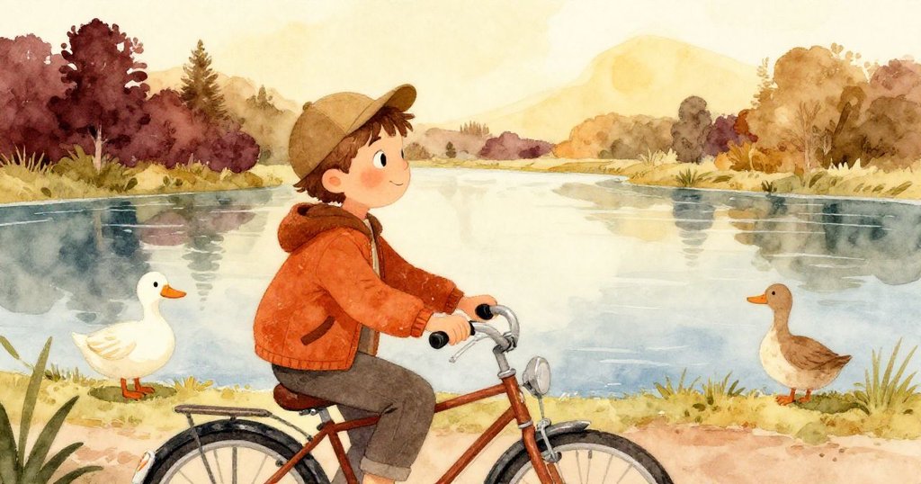 Milo依依惜別靜謐河岸，回眸凝望水中閃爍的斑點鴨影，臉上洋溢著滿足與溫暖的情感。