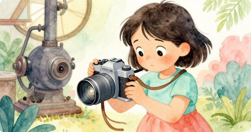 米拉細心檢查她的相機，手持相機聚焦細節，背景隱現老舊機器，呈現專注與期待的情緒。