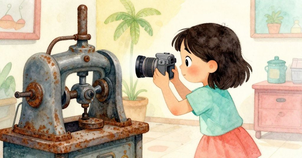 從米拉背後看見她舉起相機對準生鏽鞋機，展現出自信與好奇心，背景呈現老廠房質感。