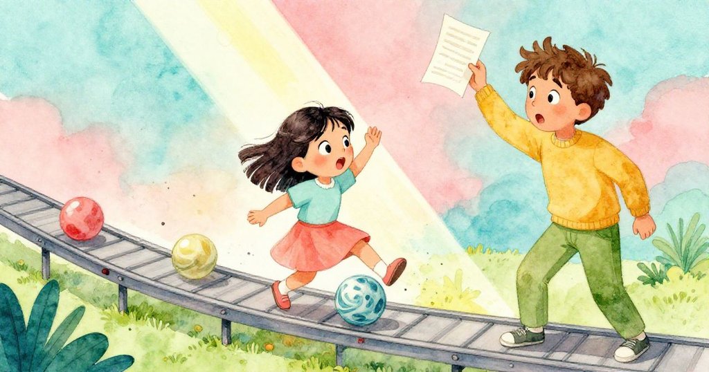 米拉突然滑倒，鞋子踩到滾動彈珠引發連鎖反應，運輸帶啟動，路易舉起筆記本，場面充滿生動戲劇張力。