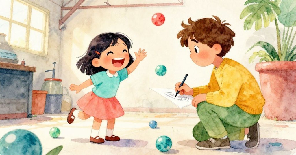 米拉在彈珠跳動中大笑，路易專注記下筆記，場景充滿驚喜與快樂的探索氣息。