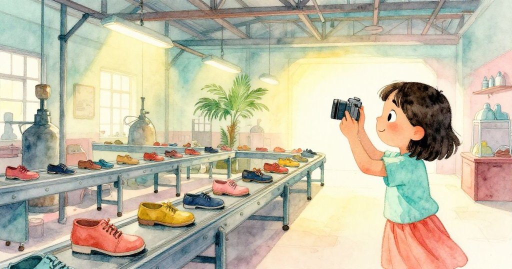 米拉在運輸帶前按下快門，鞋子整齊排列，工廠充滿明亮暖光，場景從混亂邁向寧靜，洋溢滿足情感。