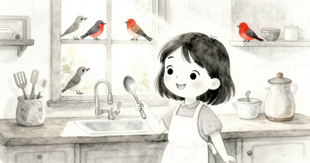 米婭站在溫暖廚房中,窗外鳥兒圍繞,陽光穿透,手持工具準備烹飪,充滿活力與期待。