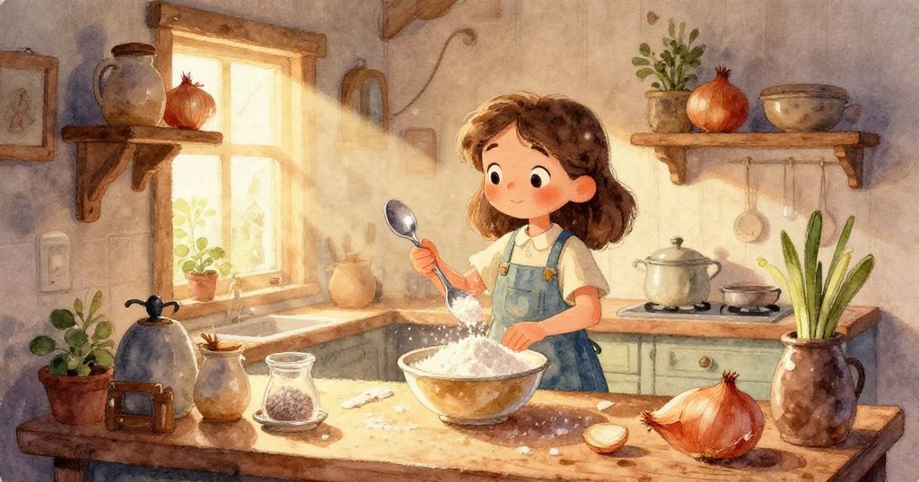 米婭專注攪拌麵粉與糖粉,手部動作細膩,溫暖廚房背景流露出烹飪樂趣。