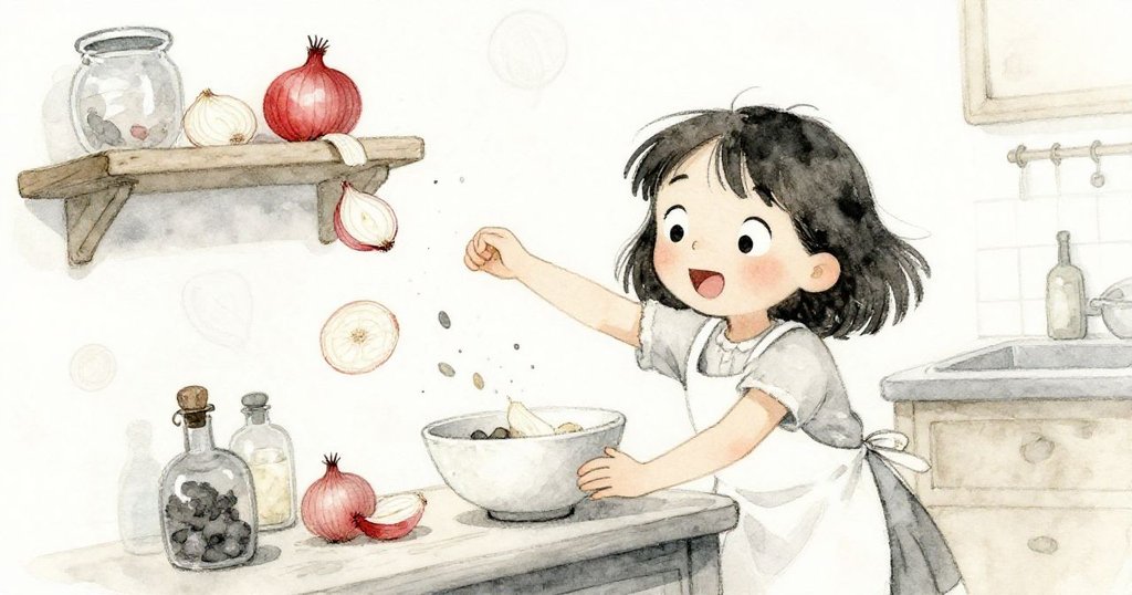 米婭驚訝注視,斜視角下洋蔥自高架滑落進碗中,廚房背景溫馨且生動。