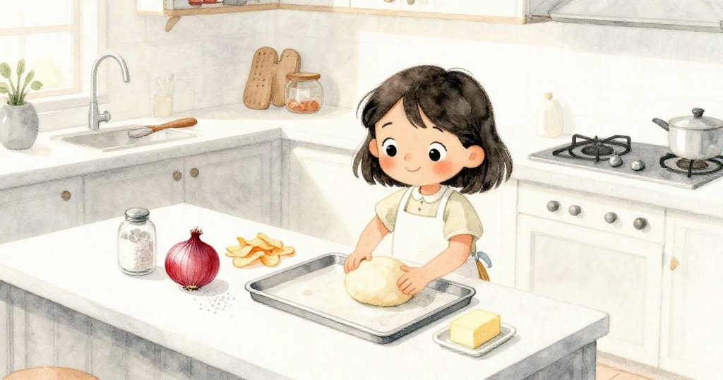 米婭俯視廚房桌面,精心排列洋蔥、鹽巴、薯條與奶油,金屬托盤中麵糰映出溫暖光線。