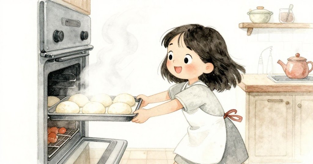 米婭急速送入麵糰托盤進烤箱,廚房內蒸汽上升,動感畫面展示烘焙歡樂氣氛。