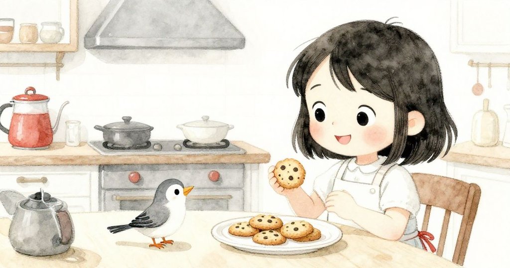 米婭含笑與好奇鳥分享剛烤好的餅乾,廚房內甜鹹氣味混合,溫馨互動令人愉悅。