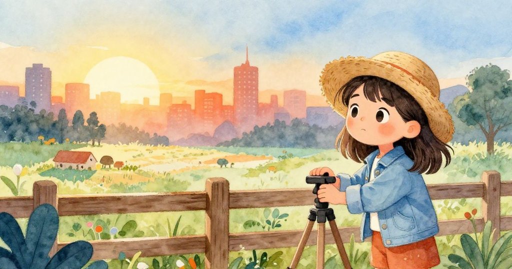 瑪雅於晨曦中於木柵邊架設相機,背景出現金色日出與廣闊農場,神情專注而充滿希望。