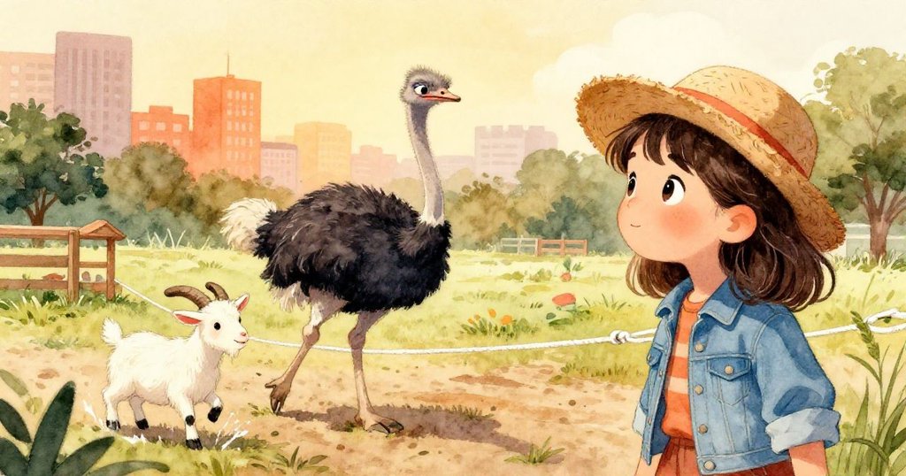 瑪雅在農場中注視著圓步行走的鴕鳥與濺水的山羊,表情既驚訝又謹慎,充滿動感。