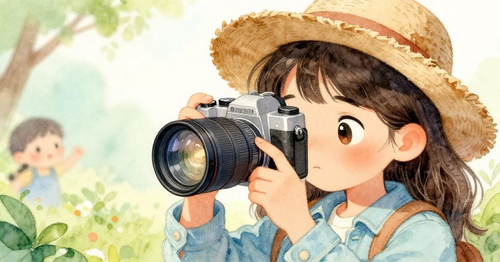 瑪雅專注清理相機鏡頭,手部細節清晰呈現,眼中透露焦急與堅定,晨光柔和映襯情感。