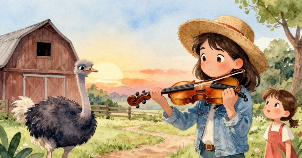 瑪雅注視穀倉邊拉小提琴者演奏,鴕鳥聆聽音樂暫停腳步,晨光柔和映現田園風情。