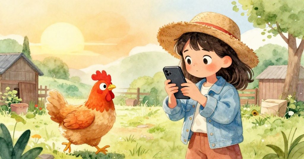 瑪雅拍影片時驚見一隻好奇小雞闖入鏡頭,她迅速變換角度,農場氣氛生動且充滿活力。