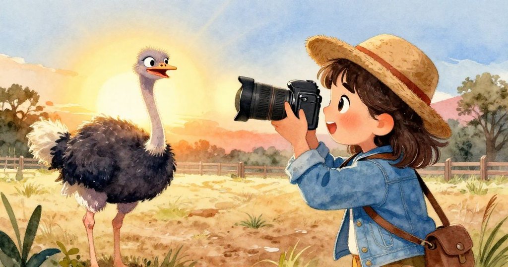 瑪雅滿意地欣賞手機中完美影像,鴕鳥羽毛在晨光中閃耀,農場景致充滿成功與快樂氛圍。