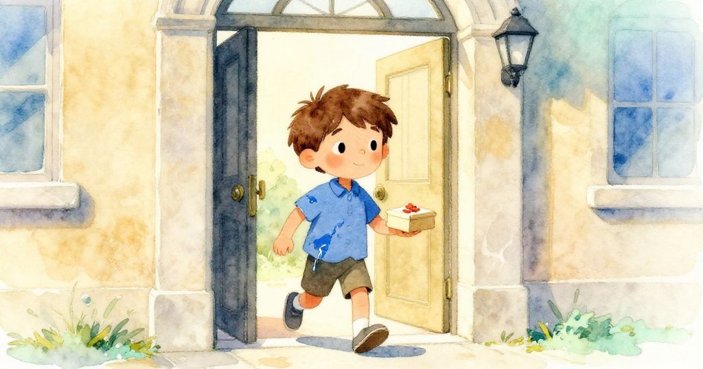 Milo從溫馨家門走出，提著蛋糕盒，背景為陽光照耀的都市街景，神情期待且充滿決心，展現故事開端。