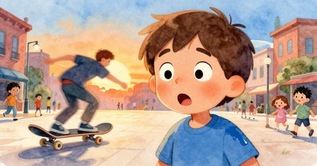 Milo因滑板男迅速掠過而露出驚訝表情，手中蛋糕盒微晃，背景為熙攘都市廣場和橘色夕陽，展現緊張轉折。